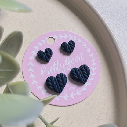 Handmade Knitted Heart Stud Earrings | Polymer Clay Heart Studs | Minimal Everyday Earrings